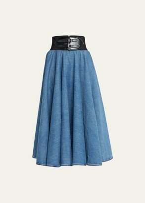 Belted Flare Denim Midi Skirt