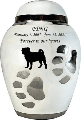 Custom Engraved Pearl White Pet Paw & Pug Cremation Urn