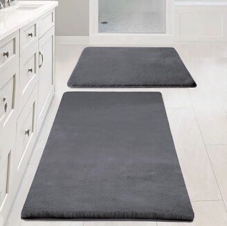 2 Piece Charcoal Grey Ultra Soft Faux Fake Fur Rabbit Bathroom Bath Mat Set