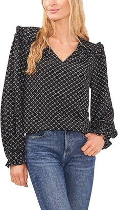 V-Neck Blouse with Ruffle Trim (Rich Black) Women's Clothing