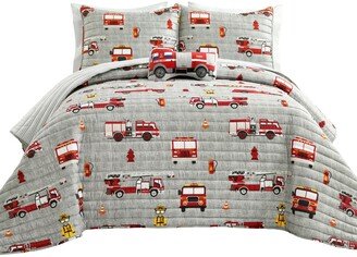 Make A Wish Fire Truck 3 Piece Quilt Set for Kids, Twin - Red, Gray