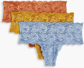 Set of three stretch-lace mid-rise thongs