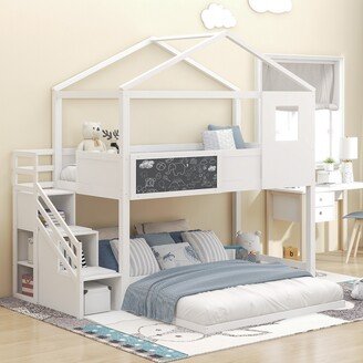 IGEMAN Twin over Full House Bunk Bed with Storage Staircase and Blackboard, White