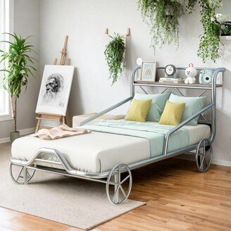 IGEMAN Twin Size Metal Car Shape Bed with Four Wheels Guardrails and X-Shaped Frame Storage Shelf