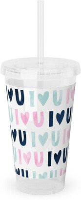 Travel Mugs: I Love You - Pink Navy Blue Acrylic Tumbler With Straw, 16Oz, Multicolor