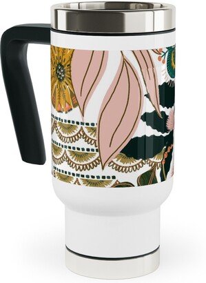 Travel Mugs: Boho Tropical - Floral - Multi Light Travel Mug With Handle, 17Oz, Multicolor