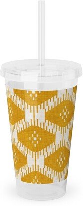 Travel Mugs: Stella Ikat - Yellow Acrylic Tumbler With Straw, 16Oz, Yellow