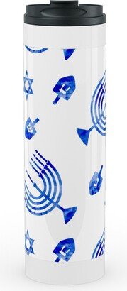 Travel Mugs: Watercolor Hanukkah Menorah, Dreidel, Star Of David - Blue Stainless Mug, White, 20Oz, Blue