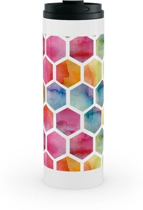 Travel Mugs: Watercolour Hexagons - Multi Stainless Mug, White, 16Oz, Multicolor