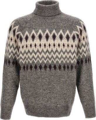 High Neck Patterned Intarsia-Knit Sweater