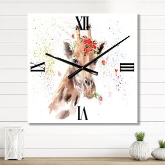 Designart 'Portrait of A Giraffe With Flowers III' Farmhouse Wall Clock Decor