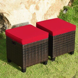 Set of 2 Patio Rattan Ottoman Footrest Garden Outdoor w/ Red