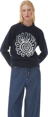 Blue Flower Graphic O-neck Pullover