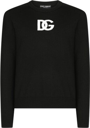 Wool round-neck sweater with logo inlay