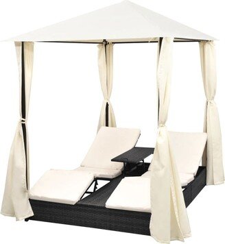 Double Sun Lounger with Curtains Poly Rattan Black - 77.6 x 55.1 x 98.4