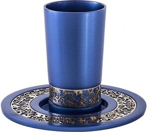 Yair Emanuel Modern Kiddush Cup Wedding Gift - Blue Anodized Aluminum Filigree Lace Design