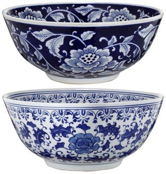 Set of 2 Ceramic Bowls, Blue and White,