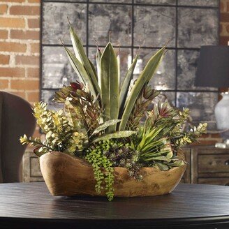 Salar Artificial Designer Succulents Plants in Teak Bowl - Light Brown