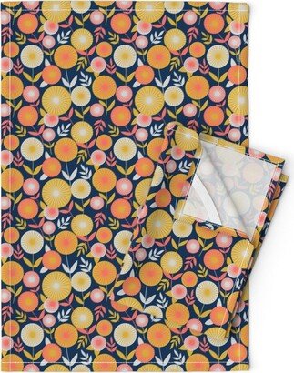 Mod Floral Tea Towels | Set Of 2 - Mustard Flowers By Aliwilkinsondesigns Coral Gold Pink Deep Blue Linen Cotton Spoonflower