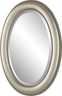 29 Inch Wood Wall Mirror, Beaded Oval Shape, Metallic Silver