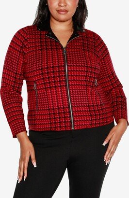 Black Label Plus Size Houndstooth Motorcycle Sweater Jacket