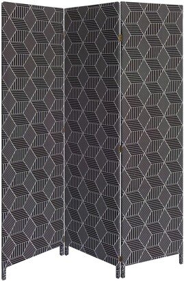 71 Inch 3 Panel Fabric Room Divider with Geometric Print, Black