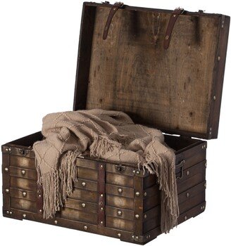 Wooden Brown Storage Trunk with Faux Leather Straps and Handles