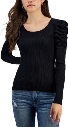 Juniors' Scoop-Neck Puff-Shoulder Ribbed Sweater