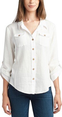 Juniors' Gauze Button-Down Roll-Tab-Sleeve Collared Shirt