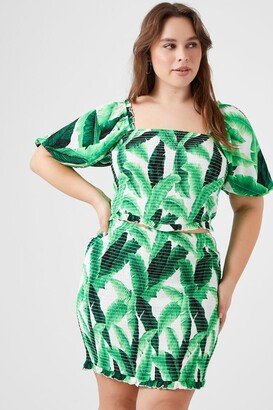 Women's Smocked Tropical Leaf Skirt in Green, 3X