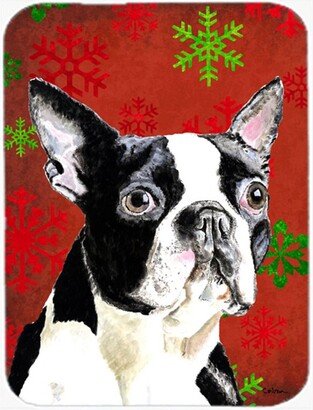 SC9400LCB Boston Terrier Red And Green Snowflakes Christmas Glass Cutting Board