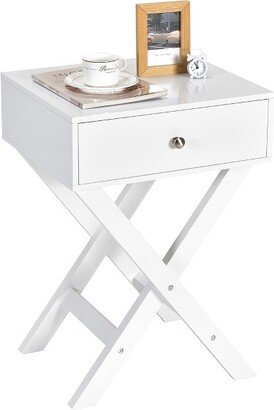 Side Nightstand with Drawer x Shaped Structure Accent Sofa End Table White