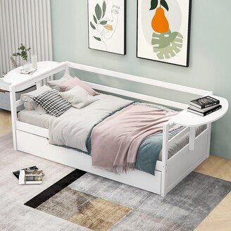 IGEMAN White Twin Size Daybed with Trundle and Foldable Shelves on Both Sides