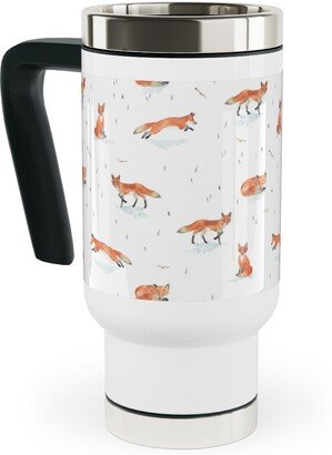 Travel Mugs: Winter Fox - White Travel Mug With Handle, 17Oz, Orange