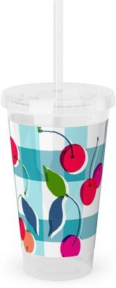 Travel Mugs: Cherry Gingham - Blue Acrylic Tumbler With Straw, 16Oz, Blue