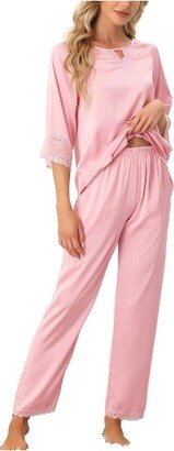 cheibear Women Satin Sleepwear Lounge with Pant Nightwear 3/4 Sleeve Pajama Set Light Pink Large