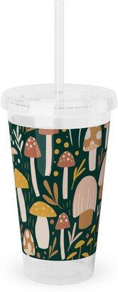 Travel Mugs: Woodland Mushroom Meadow - Green Acrylic Tumbler With Straw, 16Oz, Green