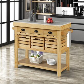 TONWIN Kitchen Island with Drawers Marble and Natural Finish