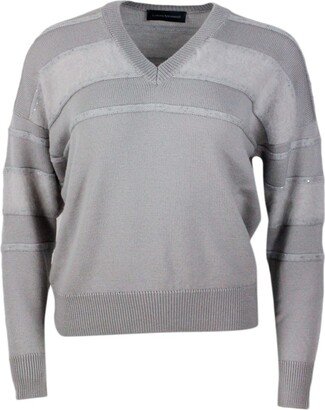 V-neck Sweater Made Of Soft Wool With Three-dimensional Workmanship Embellished With Micro Sequins