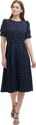 Petite Polka-Dot Ruched-Sleeve Midi Dress - Midnight/Ivory