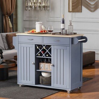 Kitchen Island Cart with Two Storage Cabinets and Four Locking Wheels，Wine Rack, Two Drawers,Spice Rack, Towel Rack