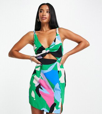 ASOS DESIGN Petite cut out knot front mini dress in bright abstract print