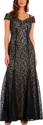 Off-The-Shoulder Petite Lace Gown - Black/nude