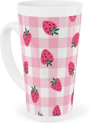 Mugs: Summer Strawberry Gingham - Pink Tall Latte Mug, 17Oz, Pink