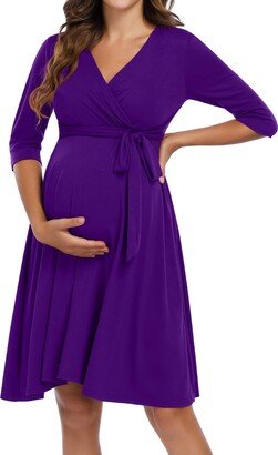 KOJOOIN Women's Maternity Slim 3/4 Sleeve Dress V-Neck Straps Casual A-Line Midi Dressess Purple 3XL