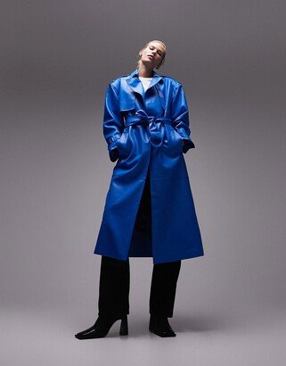 80s faux leather long-line trench coat in cobalt blue