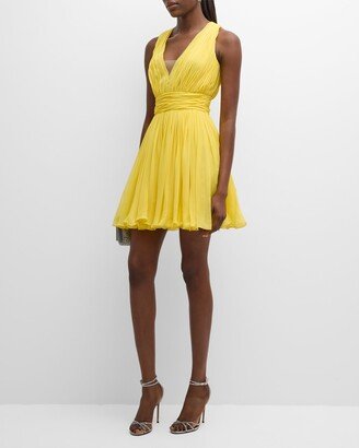 Plunging Pleated Sleeveless Silk Georgette Mini Dress