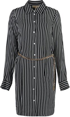 Striped Long-Sleeved Shirt Dress-AD