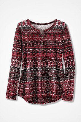 Women's Fair Isle Print Long-Sleeve Henley Top - Dover Red Multi - PS - Petite Size