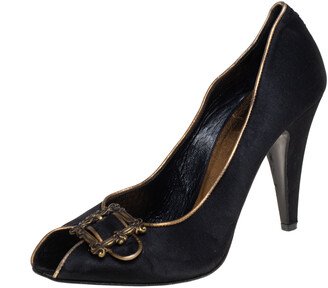 Black Satin Buckle Peep-Toe Pumps Size 39